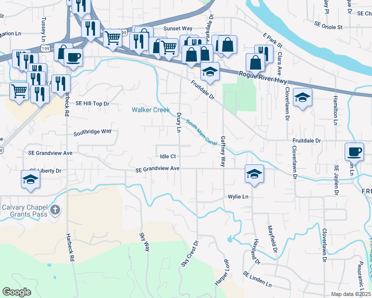 map of restaurants, bars, coffee shops, grocery stores, and more near 1010 Idle Court in Grants Pass