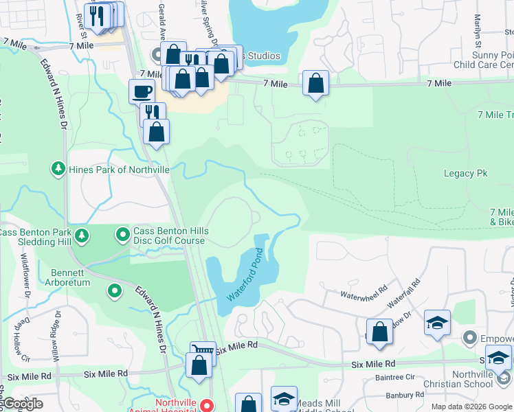 map of restaurants, bars, coffee shops, grocery stores, and more near 18137 Cascade Drive in Northville