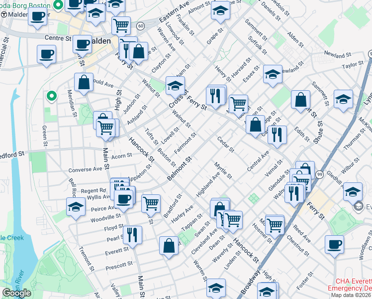 map of restaurants, bars, coffee shops, grocery stores, and more near 45 Fairmont Street in Malden