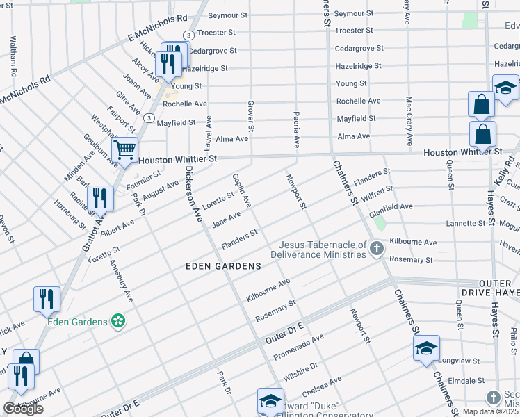 map of restaurants, bars, coffee shops, grocery stores, and more near 13364 Jane Avenue in Detroit