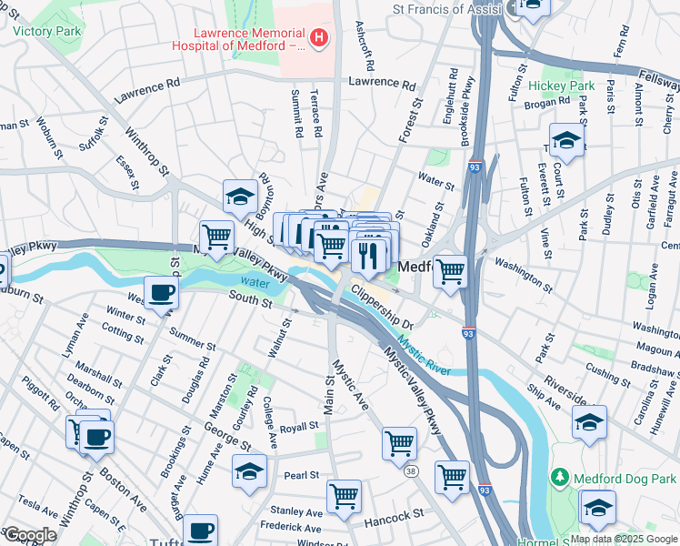 map of restaurants, bars, coffee shops, grocery stores, and more near 10 High Street in Medford