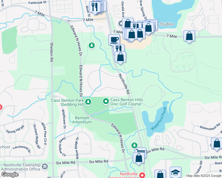 map of restaurants, bars, coffee shops, grocery stores, and more near 18167 Jamestown Circle in Northville