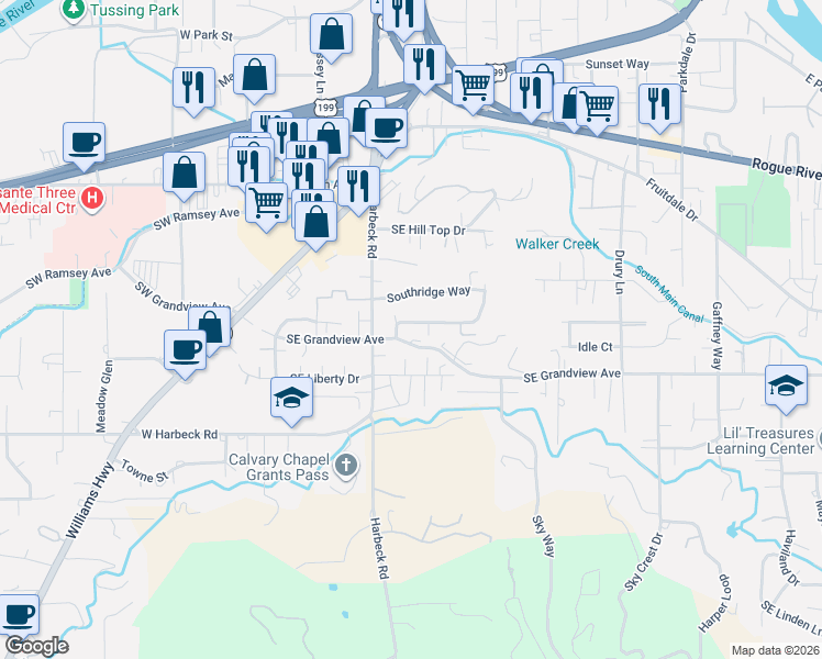 map of restaurants, bars, coffee shops, grocery stores, and more near 192 Southeast Independence Drive in Grants Pass