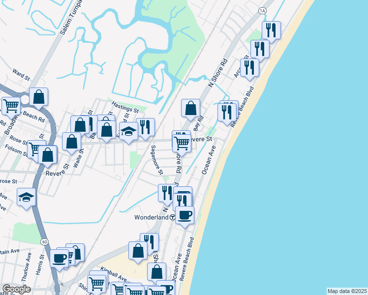 map of restaurants, bars, coffee shops, grocery stores, and more near in Revere