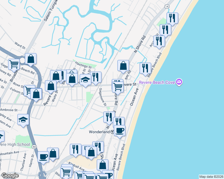 map of restaurants, bars, coffee shops, grocery stores, and more near 489 Revere Street in Revere
