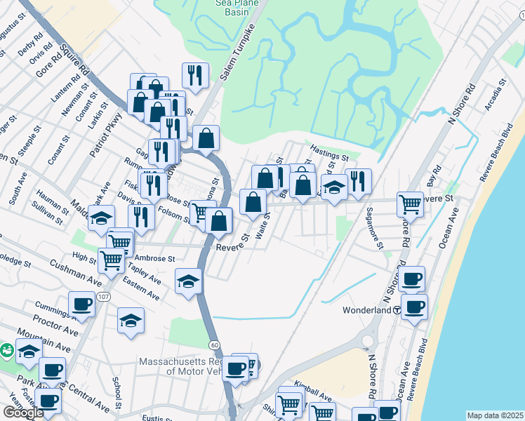 map of restaurants, bars, coffee shops, grocery stores, and more near 288 Revere Street in Revere