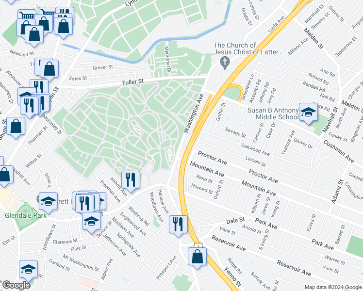 map of restaurants, bars, coffee shops, grocery stores, and more near 233 Washington Avenue in Revere