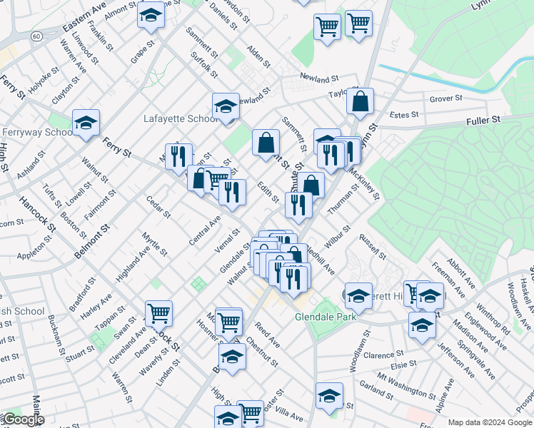 map of restaurants, bars, coffee shops, grocery stores, and more near 33 Bolster Street in Everett
