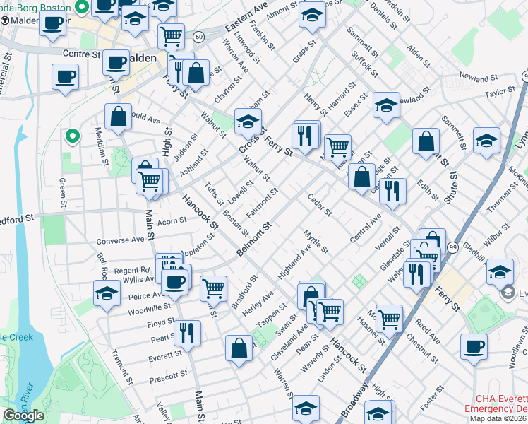 map of restaurants, bars, coffee shops, grocery stores, and more near 45 Fairmont Street in Malden