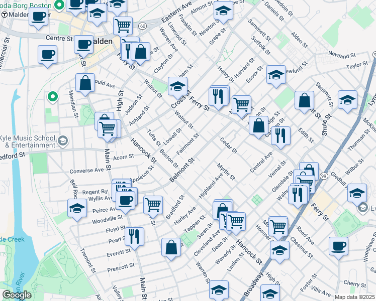 map of restaurants, bars, coffee shops, grocery stores, and more near 45 Fairmont Street in Malden