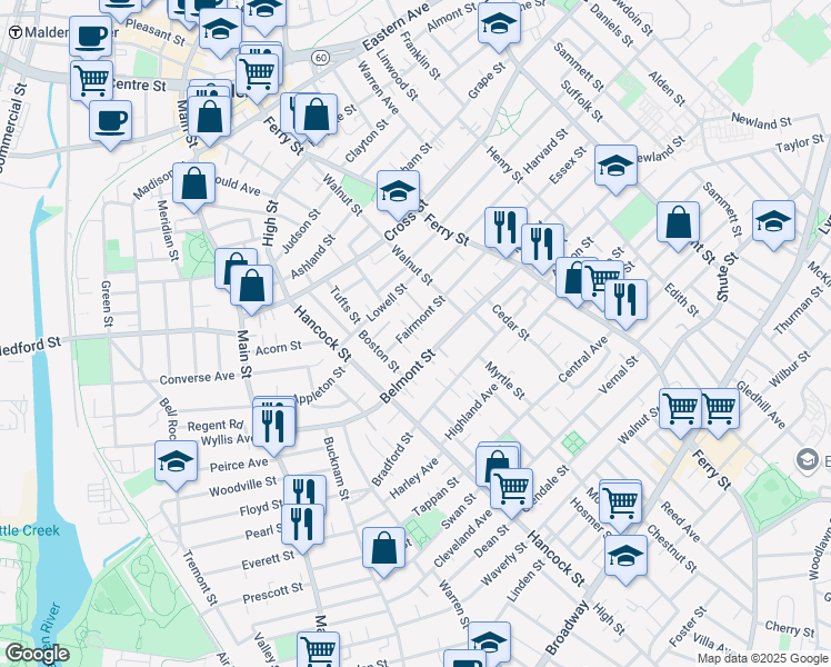 map of restaurants, bars, coffee shops, grocery stores, and more near 28 Fairmont Street in Malden