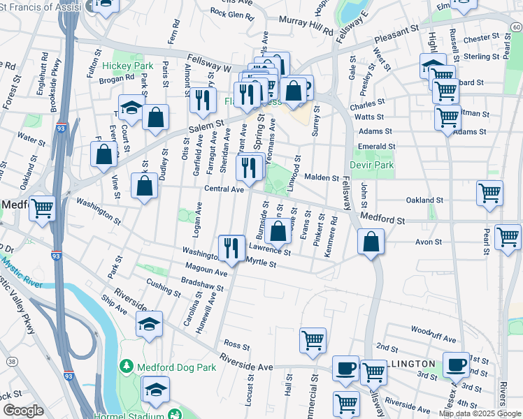 map of restaurants, bars, coffee shops, grocery stores, and more near 63 Burnside Street in Medford