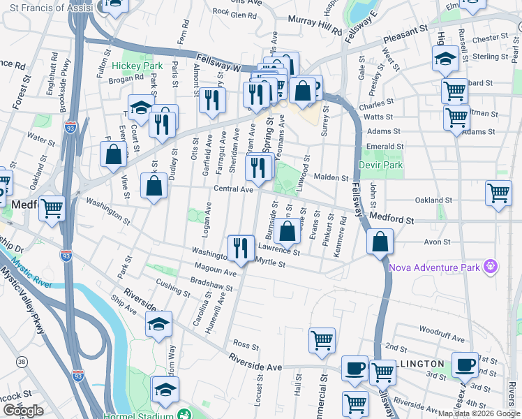 map of restaurants, bars, coffee shops, grocery stores, and more near 160 Spring Street in Medford