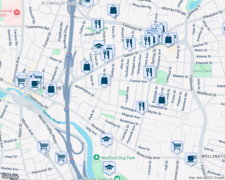 map of restaurants, bars, coffee shops, grocery stores, and more near 50 Otis Street in Medford