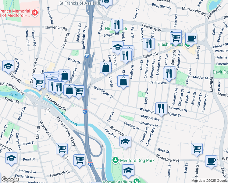 map of restaurants, bars, coffee shops, grocery stores, and more near in Medford