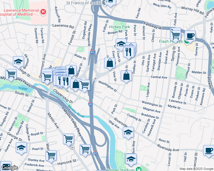 map of restaurants, bars, coffee shops, grocery stores, and more near 6r Franklin Street in Medford