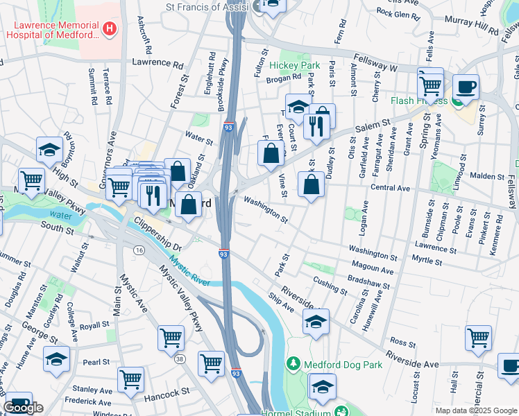 map of restaurants, bars, coffee shops, grocery stores, and more near 6r Franklin Street in Medford