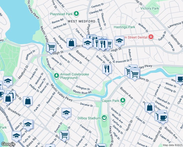 map of restaurants, bars, coffee shops, grocery stores, and more near 95 Monument Street in Medford