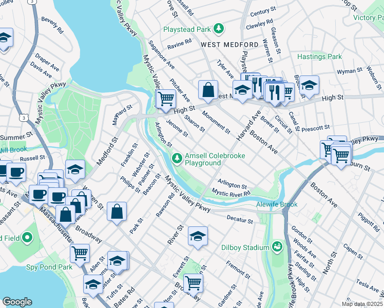 map of restaurants, bars, coffee shops, grocery stores, and more near 44 Fairfield Street in Medford