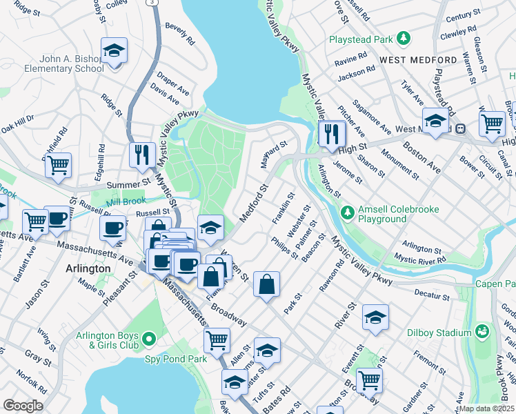 map of restaurants, bars, coffee shops, grocery stores, and more near 126 Medford Street in Everett