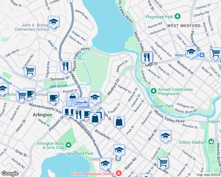 map of restaurants, bars, coffee shops, grocery stores, and more near 126 Medford Street in Everett