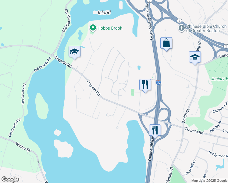 map of restaurants, bars, coffee shops, grocery stores, and more near 41 Mountain Road in Waltham