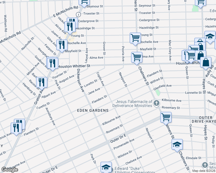 map of restaurants, bars, coffee shops, grocery stores, and more near 13364 Jane Avenue in Detroit