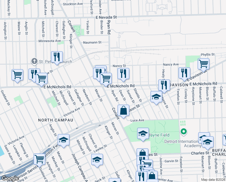map of restaurants, bars, coffee shops, grocery stores, and more near 3800 East McNichols Road in Hamtramck