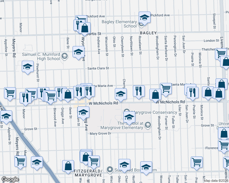 map of restaurants, bars, coffee shops, grocery stores, and more near 17200 Wisconsin Street in Detroit