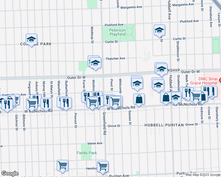 map of restaurants, bars, coffee shops, grocery stores, and more near 17346 Greenfield Road in Detroit