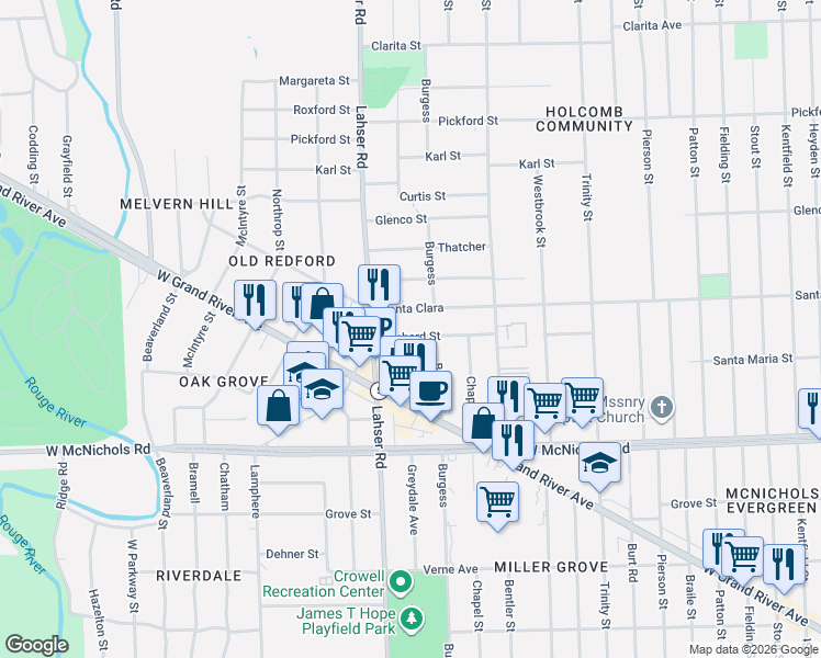 map of restaurants, bars, coffee shops, grocery stores, and more near 21639 Santa Clara in Detroit