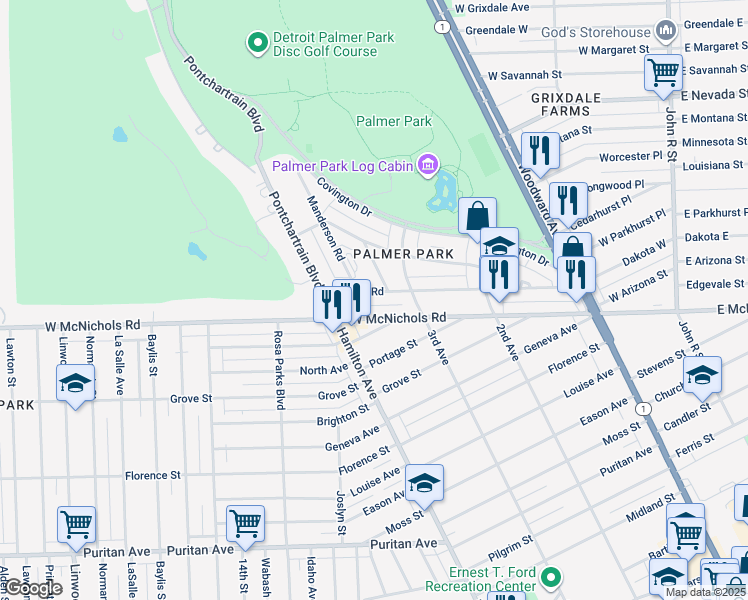 map of restaurants, bars, coffee shops, grocery stores, and more near 921 Merton Road in Highland Park