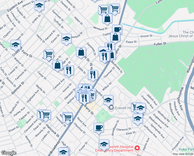 map of restaurants, bars, coffee shops, grocery stores, and more near 12 Kenwood Road in Everett