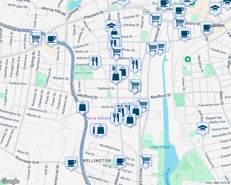 map of restaurants, bars, coffee shops, grocery stores, and more near in Malden