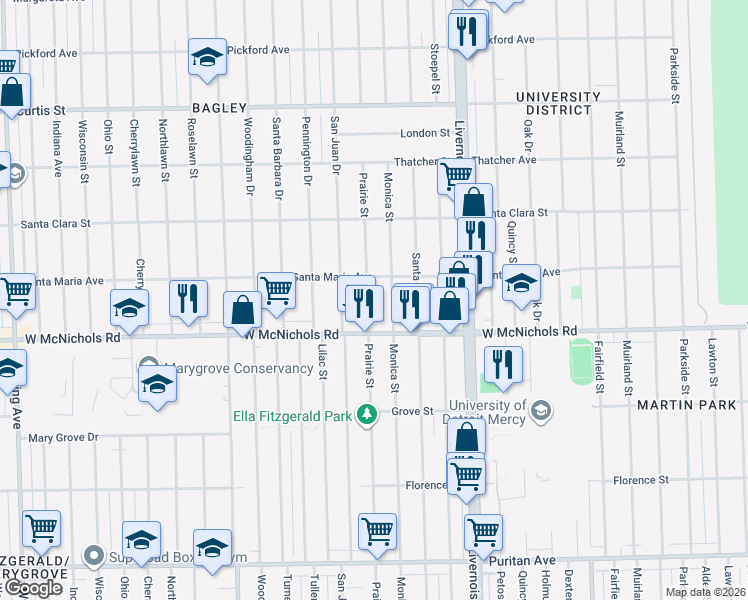 map of restaurants, bars, coffee shops, grocery stores, and more near 17172 Prairie Street in Detroit