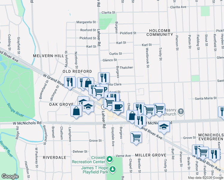 map of restaurants, bars, coffee shops, grocery stores, and more near 21639 Santa Clara in Detroit