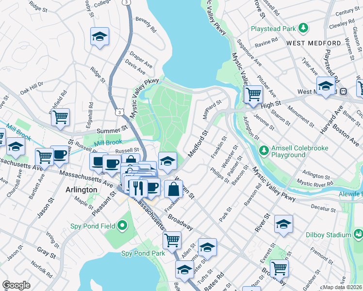 map of restaurants, bars, coffee shops, grocery stores, and more near 32 Sherborn Street in Arlington