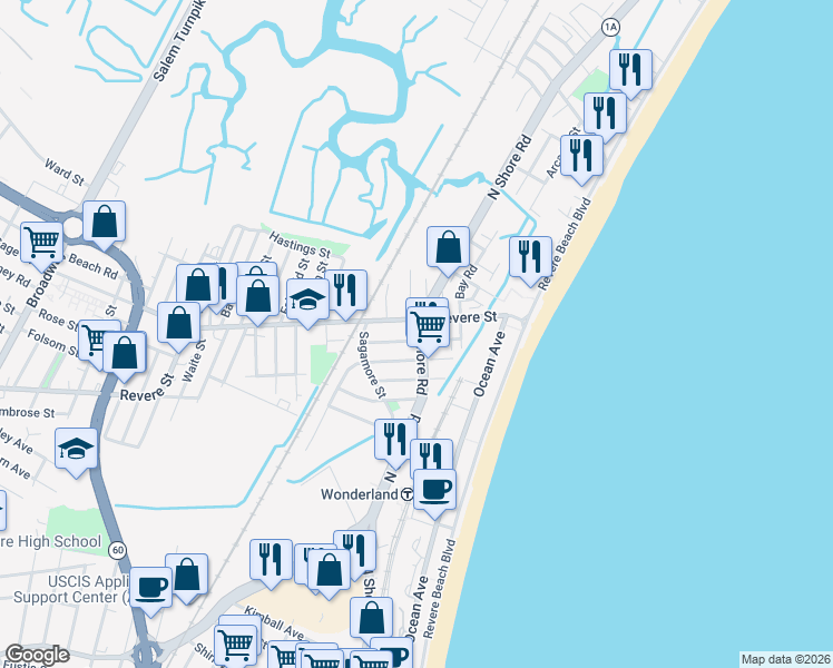 map of restaurants, bars, coffee shops, grocery stores, and more near 489 Revere Street in Revere