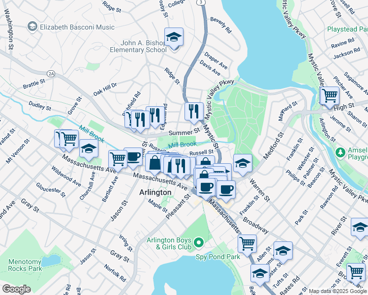 map of restaurants, bars, coffee shops, grocery stores, and more near 40 Water Street in Arlington