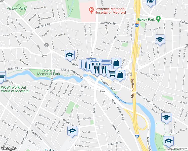 map of restaurants, bars, coffee shops, grocery stores, and more near in Medford