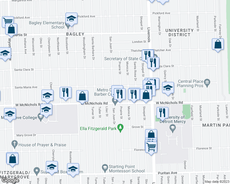 map of restaurants, bars, coffee shops, grocery stores, and more near 17174 San Juan Drive in Detroit