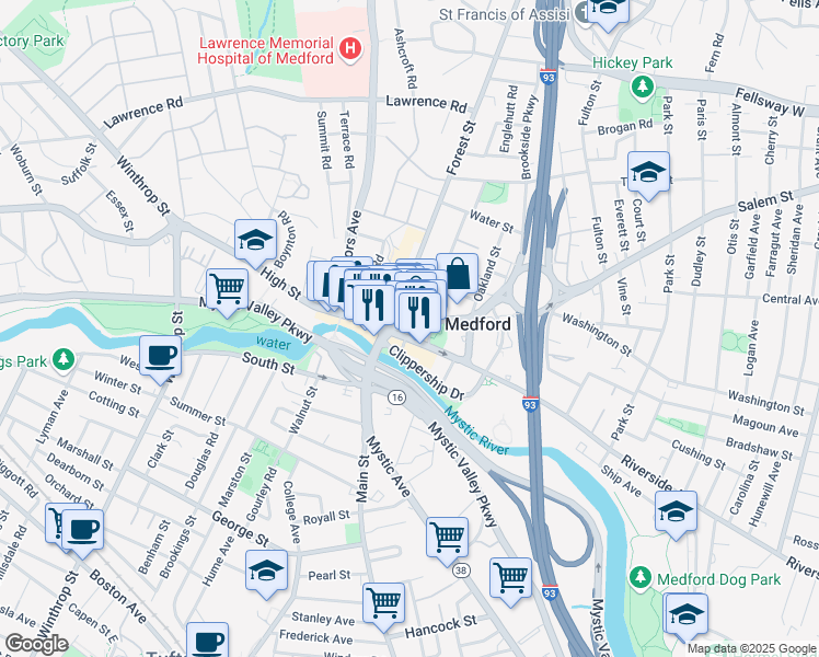 map of restaurants, bars, coffee shops, grocery stores, and more near in Medford