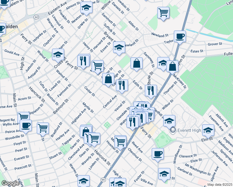 map of restaurants, bars, coffee shops, grocery stores, and more near 484 Ferry Street in Everett