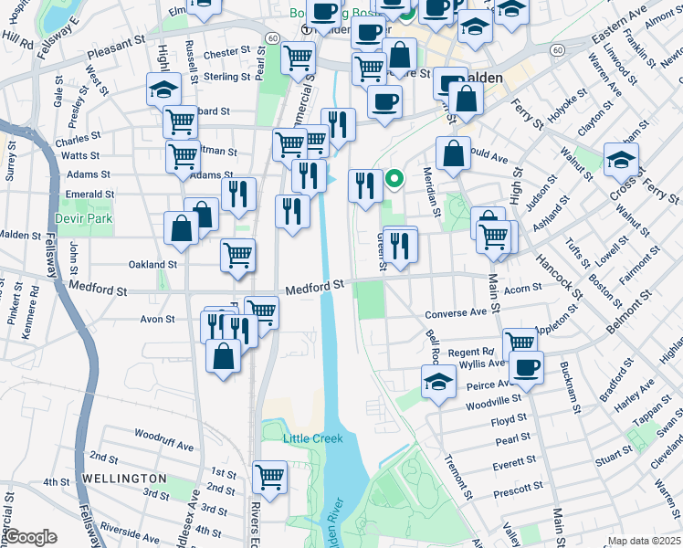map of restaurants, bars, coffee shops, grocery stores, and more near 171 Medford St in Malden