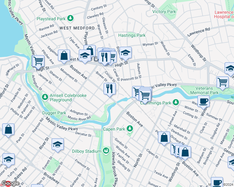 map of restaurants, bars, coffee shops, grocery stores, and more near 83 Canal Street in Medford