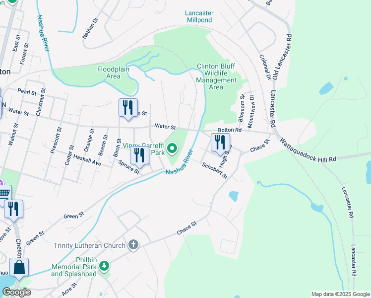 map of restaurants, bars, coffee shops, grocery stores, and more near 525 Water Street in Clinton
