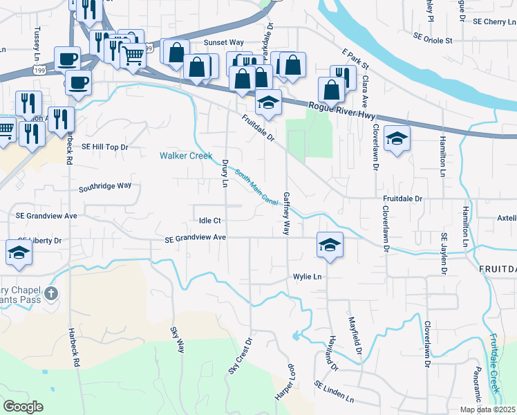 map of restaurants, bars, coffee shops, grocery stores, and more near 1010 Idle Court in Grants Pass