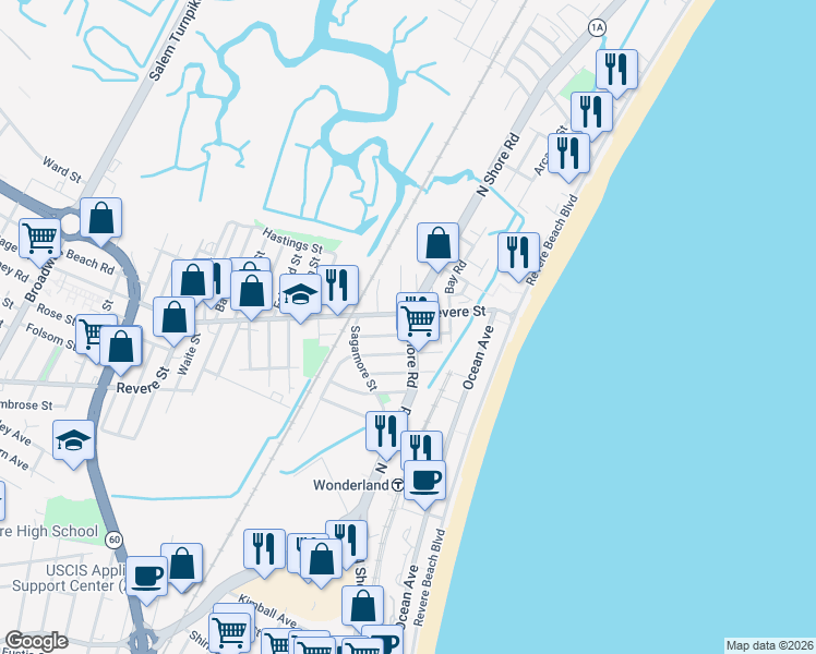 map of restaurants, bars, coffee shops, grocery stores, and more near 489 Revere Street in Revere