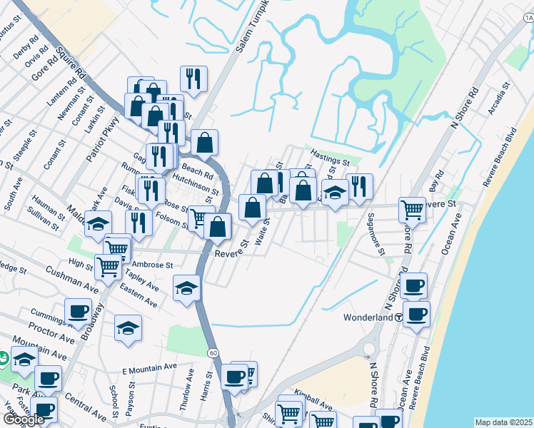 map of restaurants, bars, coffee shops, grocery stores, and more near 288 Revere Street in Revere