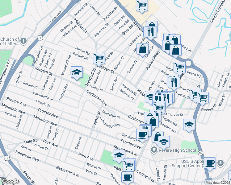 map of restaurants, bars, coffee shops, grocery stores, and more near 30 Conant Street in Revere